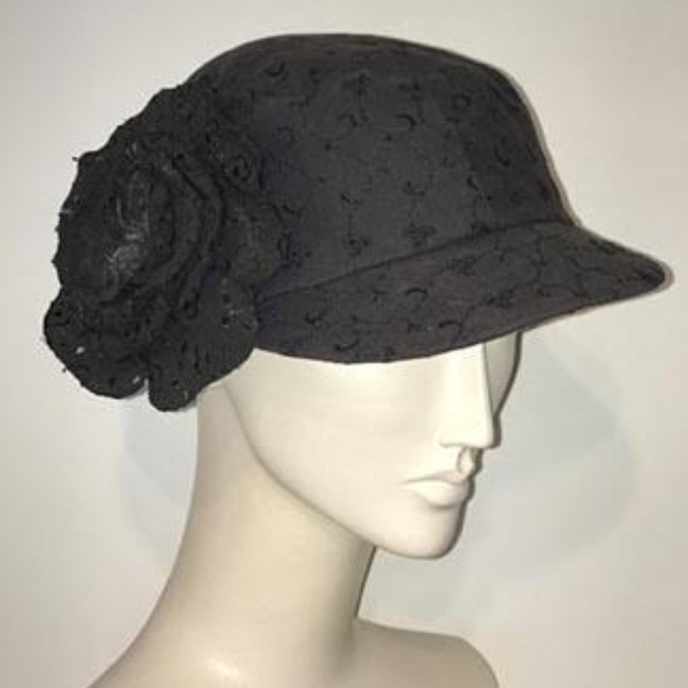 Black Floral Eyelet Cap